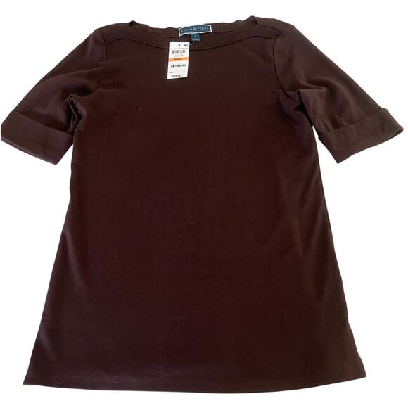 Karen Scott Brown Boatneck Knit Blouse Top Short Sleeve Woman Size Small NWT - Picture 1 of 10